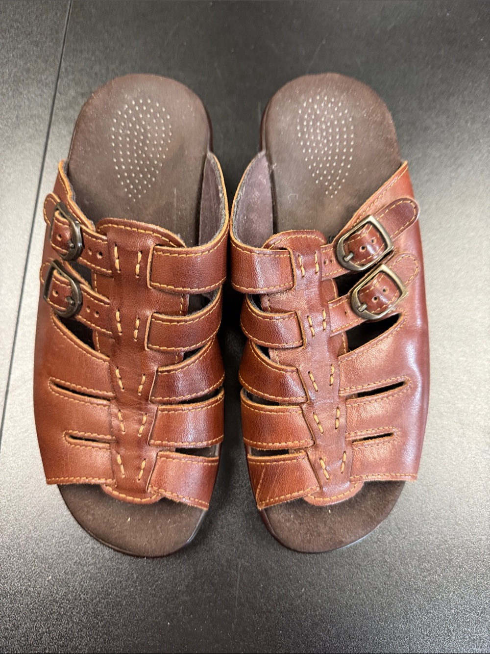 SAS Brown Leather Strappy Slide Sandals with Buckles‎